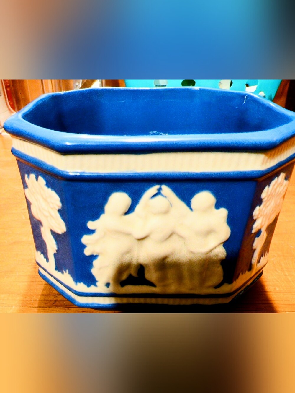 Vintage Blue and White Relief Ceramic Catch All Dish with Classical Motif Design